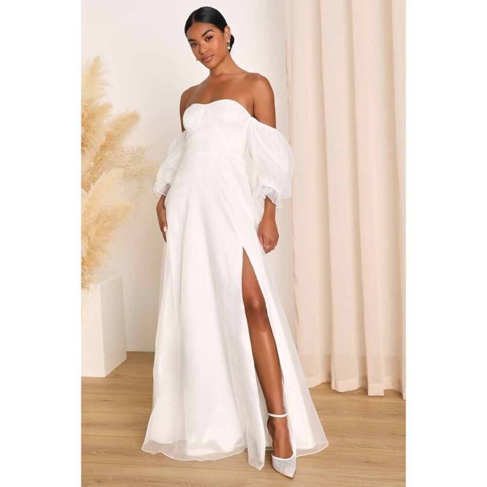 Lulus True Excellence White Bustier Off-the-shoulder Gown - Size M